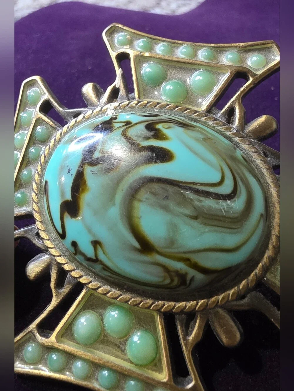 Vintage Brass Tone Dress Clip Turquoise Cabochon